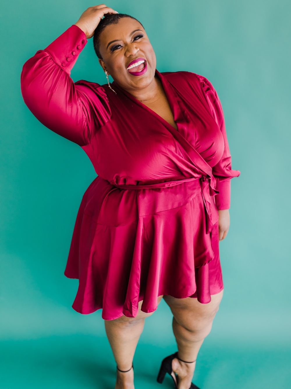 Plus-Size Satin Wrap Dress in Burgundy